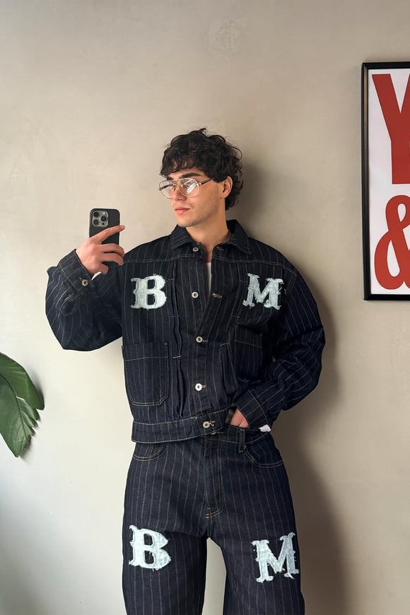 Çizgili Denim Lacivert Takım