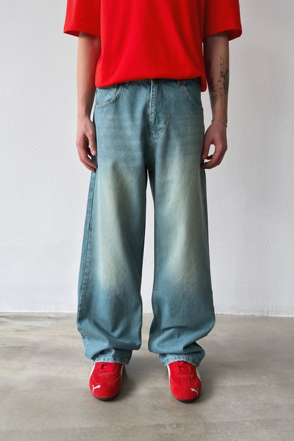Çizgili Eskitme Model Baggy Jean