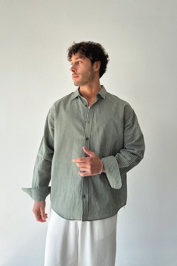 Çizgili Yeşil Keten Oversize Gömlek