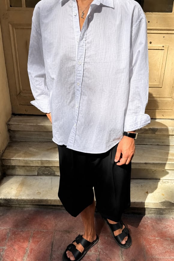 Çizgili Oversize Gömlek Beyaz