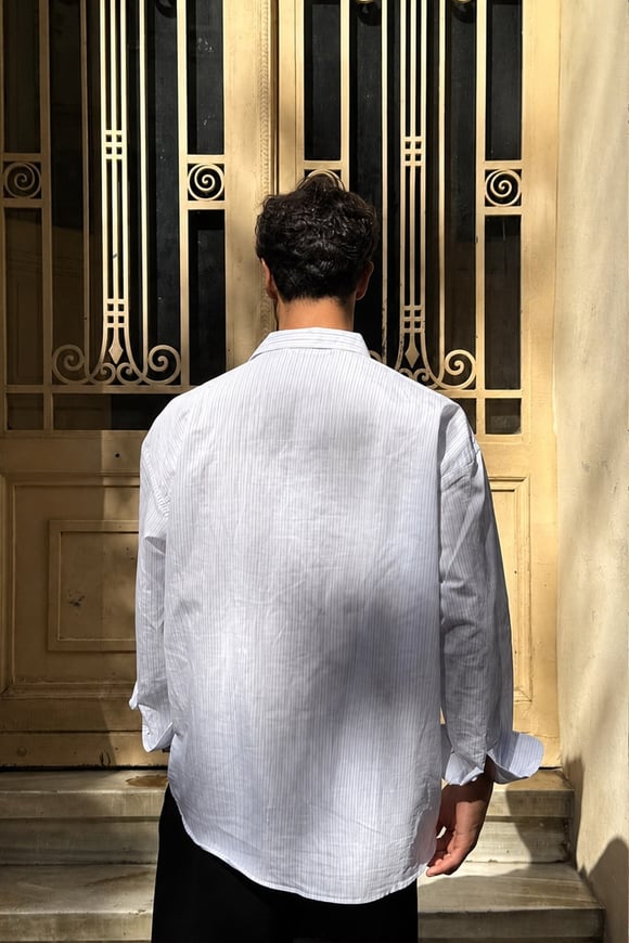 Çizgili Oversize Gömlek Beyaz