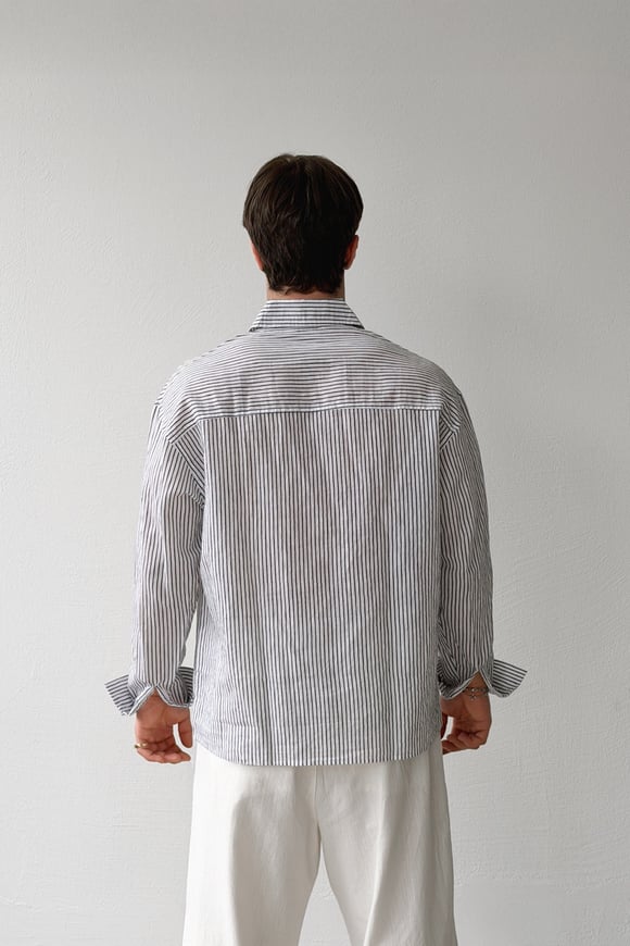 Çizgili Oversize Siyah-Ekru Keten Gömlek