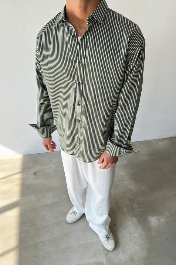 Çizgili Yeşil Keten Oversize Gömlek
