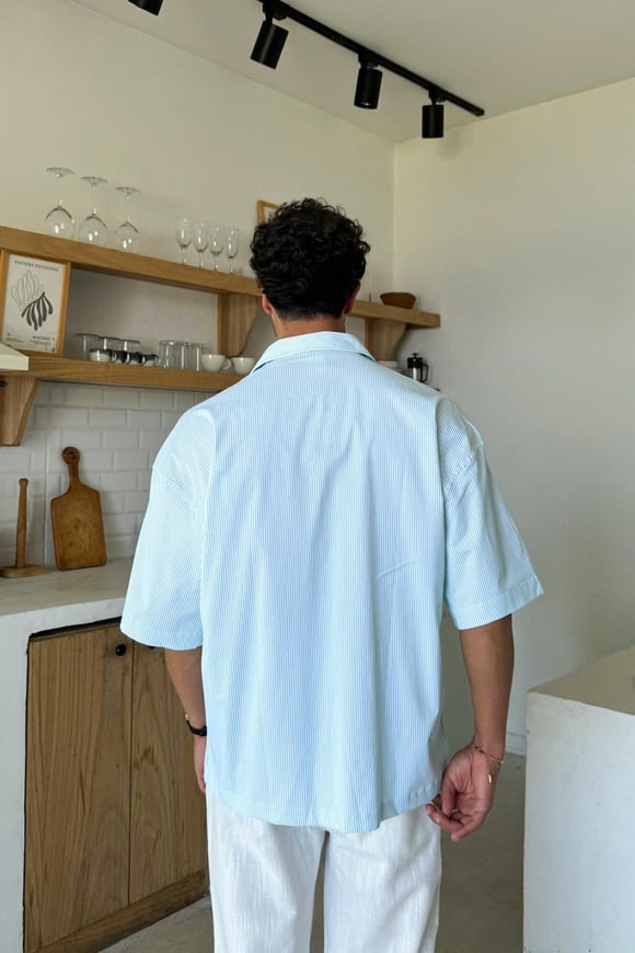 Çizgili Oversize Kısa Kol Gömlek Yeşil