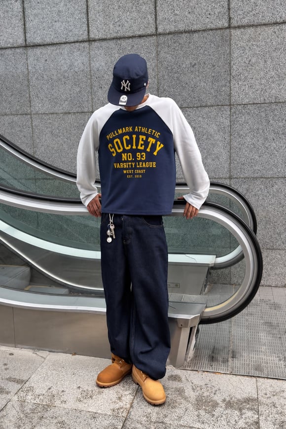 Contrast Print Navy Blue White Raglan Long Sleeve