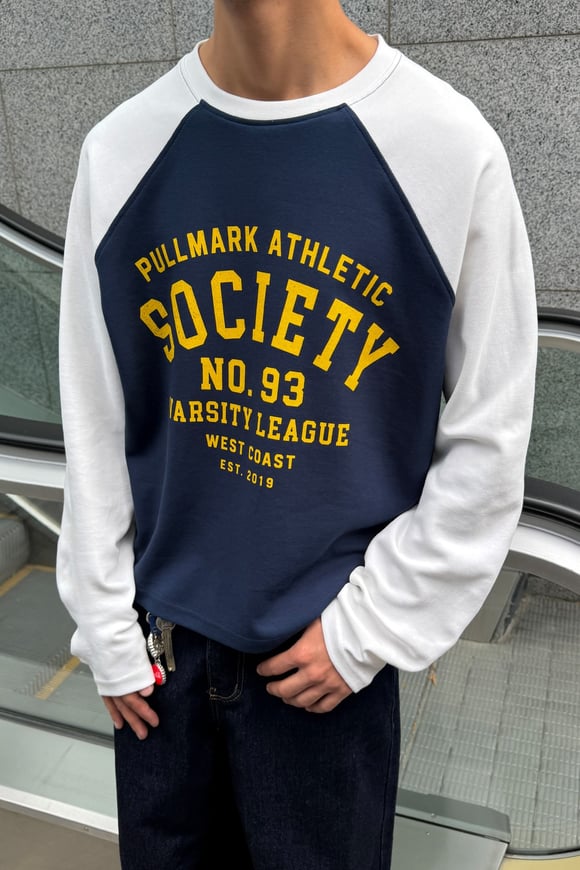 Contrast Print Navy Blue White Raglan Long Sleeve