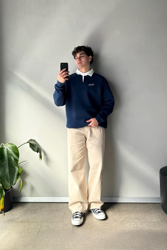 Creative Nakışlı İndigo Polo Yaka Sweatshirt