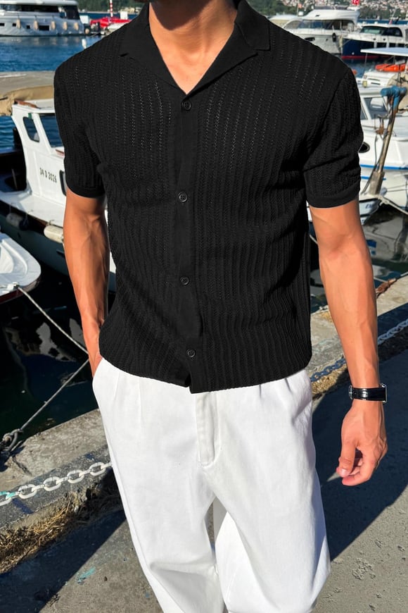 Desenli Triko Gömlek Siyah