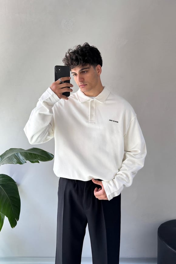 Düğme Detaylı Polo Yaka Ekru Sweatshirt