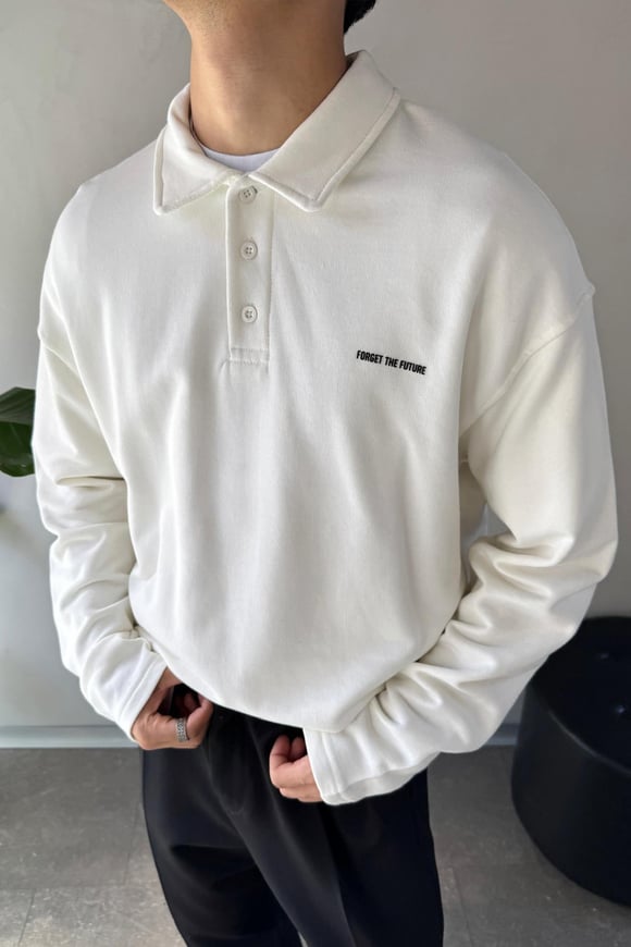 Düğme Detaylı Polo Yaka Ekru Sweatshirt