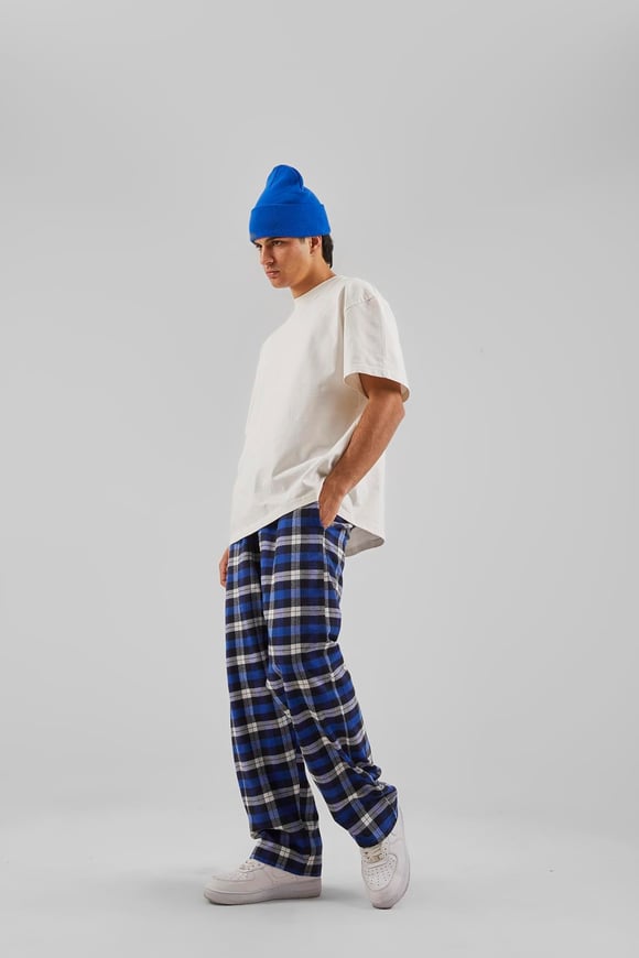 Ekose Desen Bel Lastikli Saks Mavisi Pijama