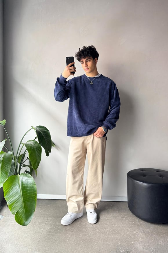 Fitilli Kadife Bisiklet Yaka Lacivert Sweatshirt