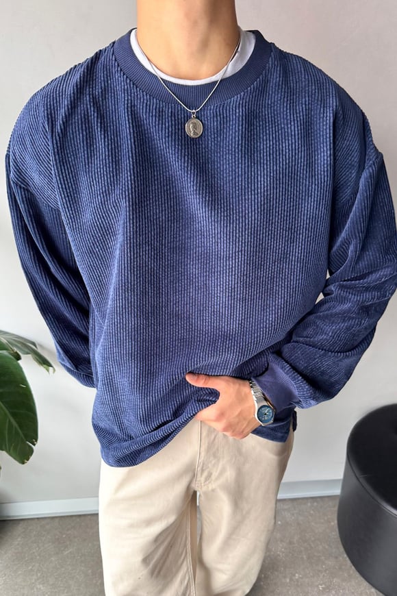 Fitilli Kadife Bisiklet Yaka Lacivert Sweatshirt