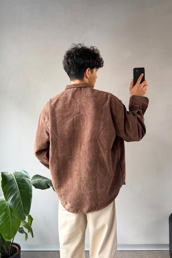 Fitilli Kadife Kahverengi Oversize Gömlek