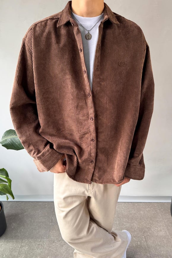 Fitilli Kadife Kahverengi Oversize Gömlek