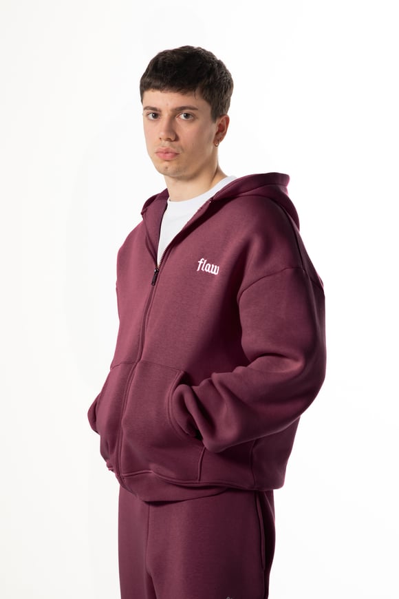 Flaw Nakışlı Bordo Zip Hoodie