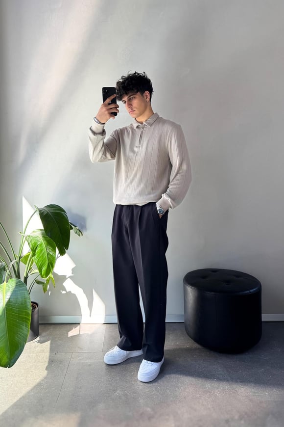 Half Zip Bej Polo Yaka Sweat