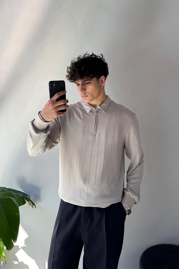 Half Zip Bej Polo Yaka Sweat