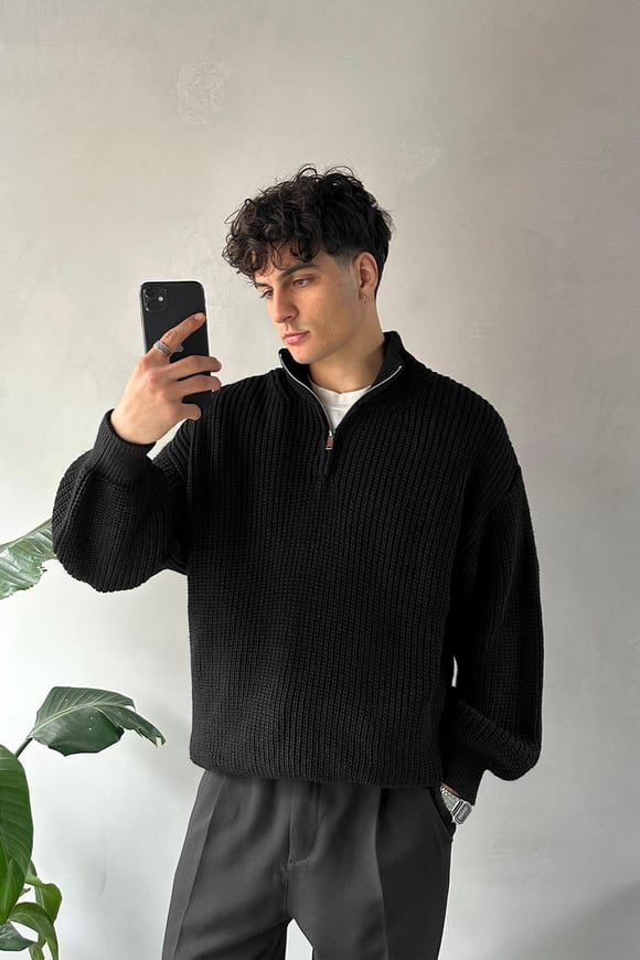 Half Zip Yarım Balıkçı Triko Kazak Siyah