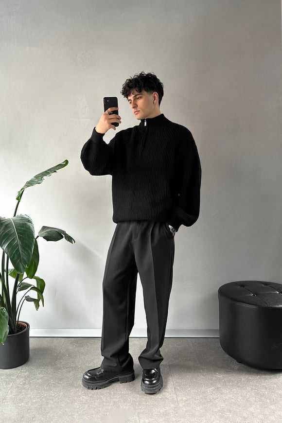 Half Zip Yarım Balıkçı Triko Kazak Siyah