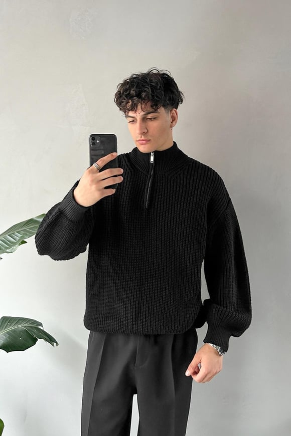 Half Zip Yarım Balıkçı Triko Kazak Siyah