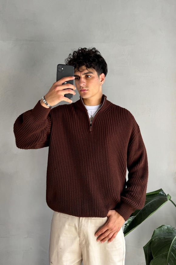 Half Zip Yarım Balıkçı Triko Kahverengi Kazak