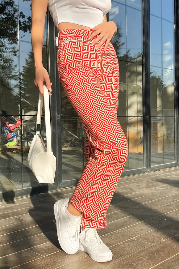 Kare Desen Kırmızı Baggy Jean