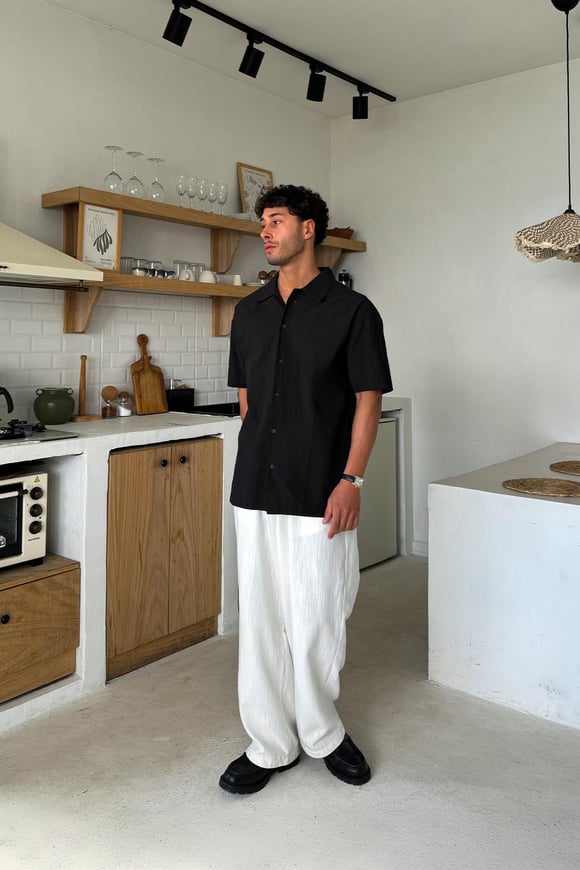 Keten Oversize Kısa Kol Gömlek Siyah