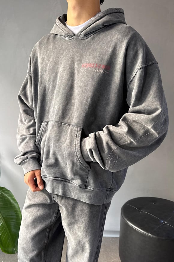 Kol Baskı Detay Oversize Acid Wash Hoodie
