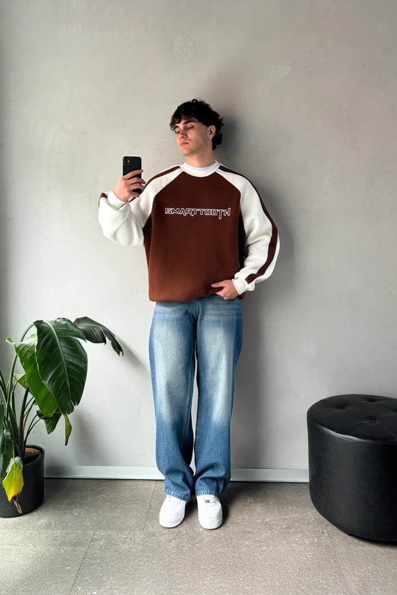 Kol Biye Geçişli Kahverengi Bisiklet Yaka Sweatshirt
