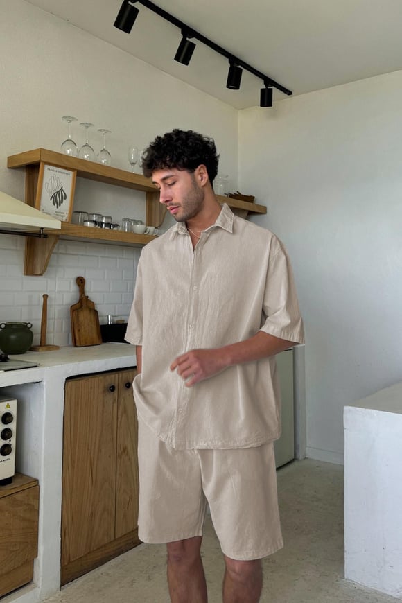 Krem Basic Oversize Kısa Kol Keten Gömlek Bej