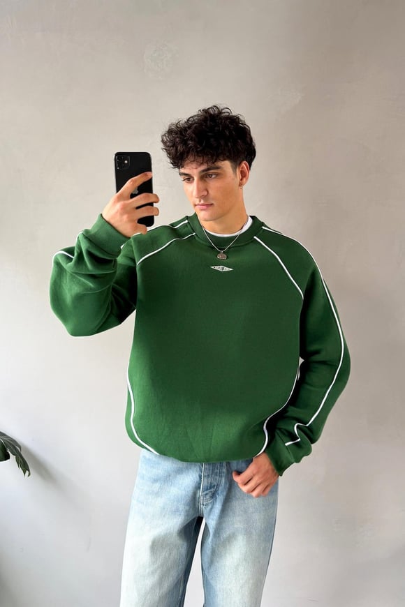 Minimal Nakışlı Yeşil Bisiklet Yaka Sweatshirt