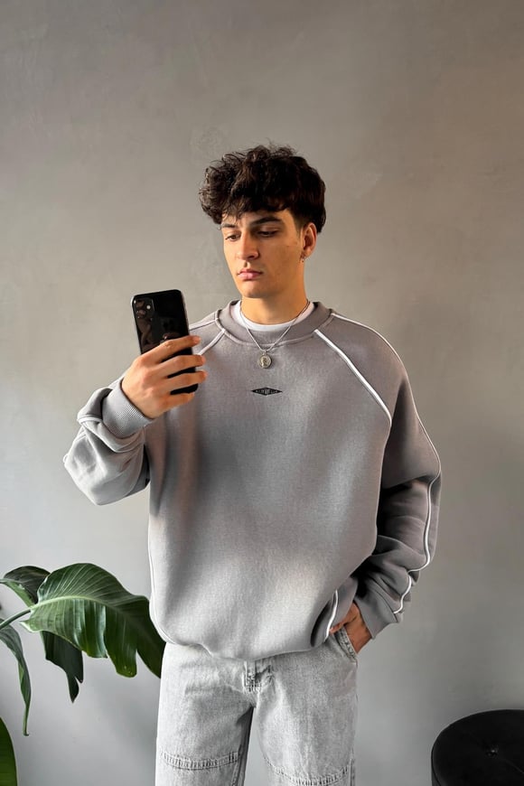 Minimal Nakışlı Bisiklet Yaka Füme Sweatshirt