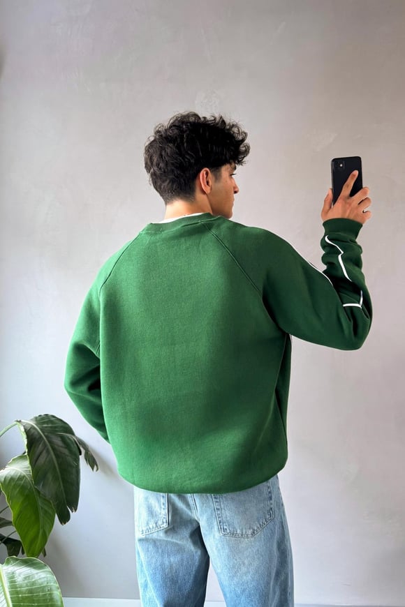 Minimal Nakışlı Yeşil Bisiklet Yaka Sweatshirt