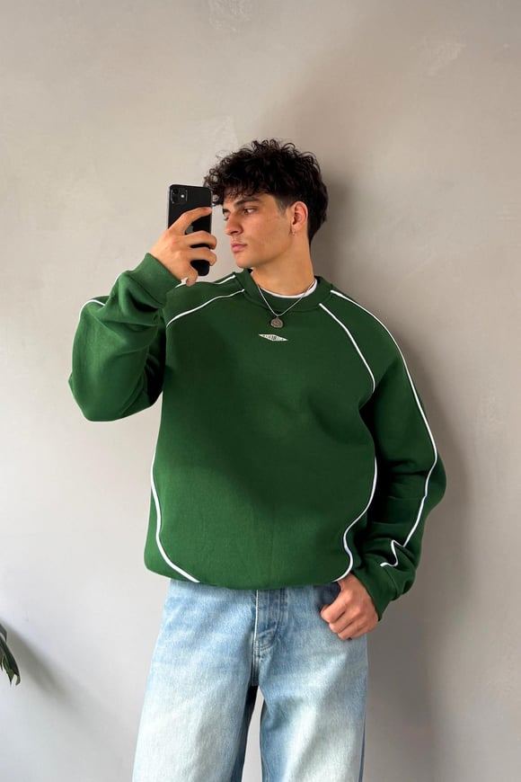 Minimal Nakışlı Yeşil Bisiklet Yaka Sweatshirt