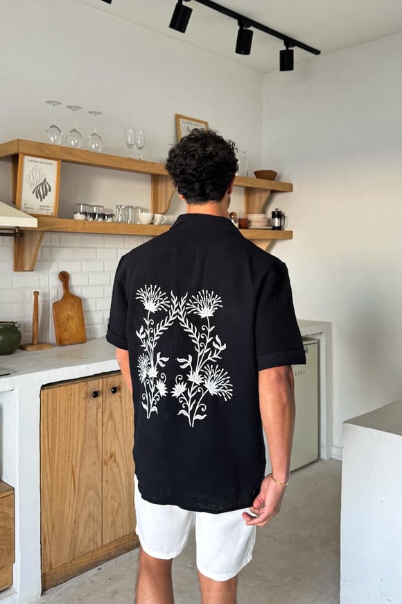 Nakışlı Oversize Kısa Kol Gömlek Siyah