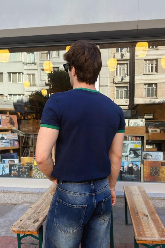 Navy Blue Green Ringer Tee