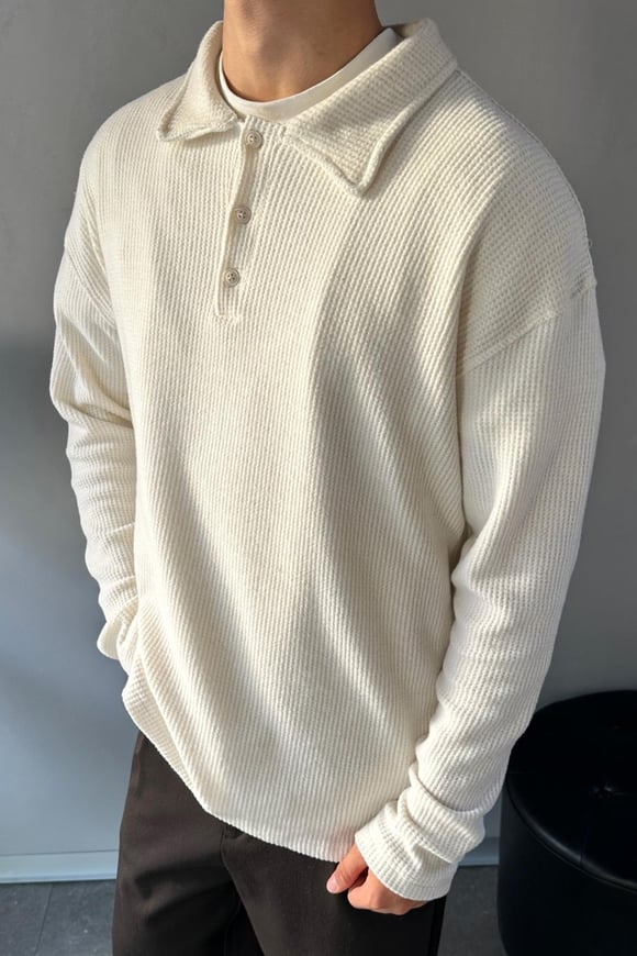 Ön Düğmeli Oversize Polo Yaka Bej Sweatshirt