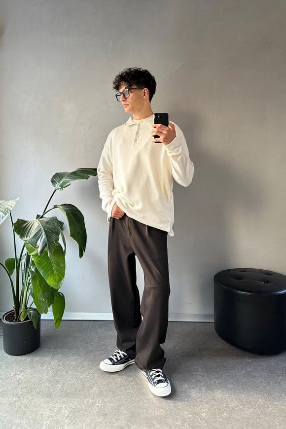 Ön Düğmeli Oversize Polo Yaka Bej Sweatshirt