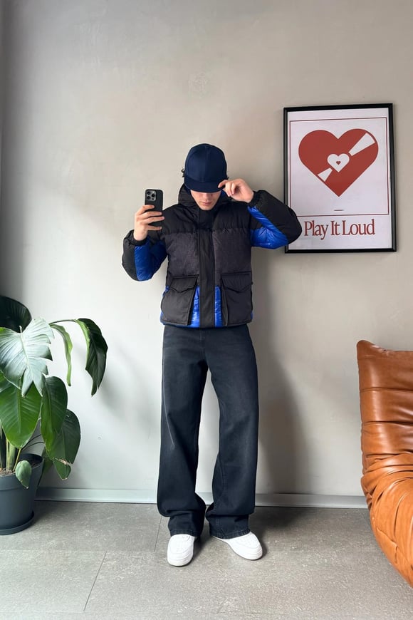 Oversize Dolumlu Reflektör Baskılı Siyah Mont