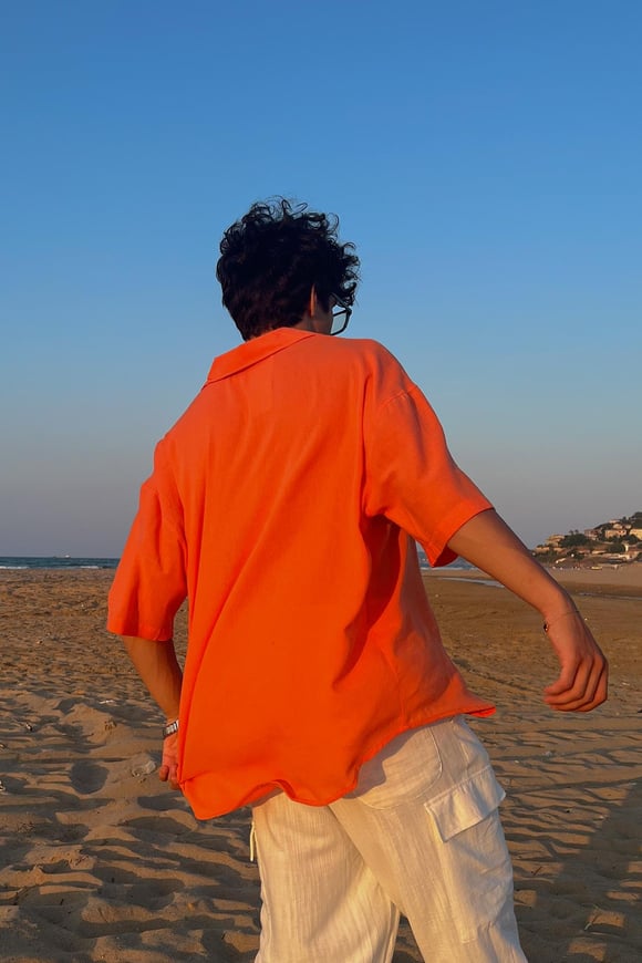 Palm Nakışlı Keten Turuncu Kısa Kol Oversize Gömlek