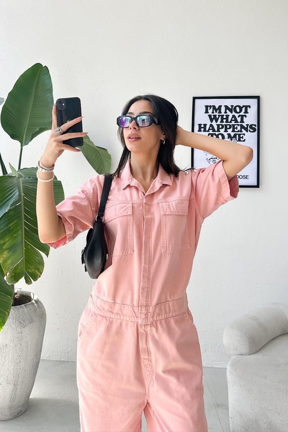 Piggie Denim Şort Tulum Toz Pembe