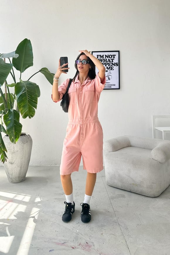 Piggie Denim Şort Tulum Toz Pembe
