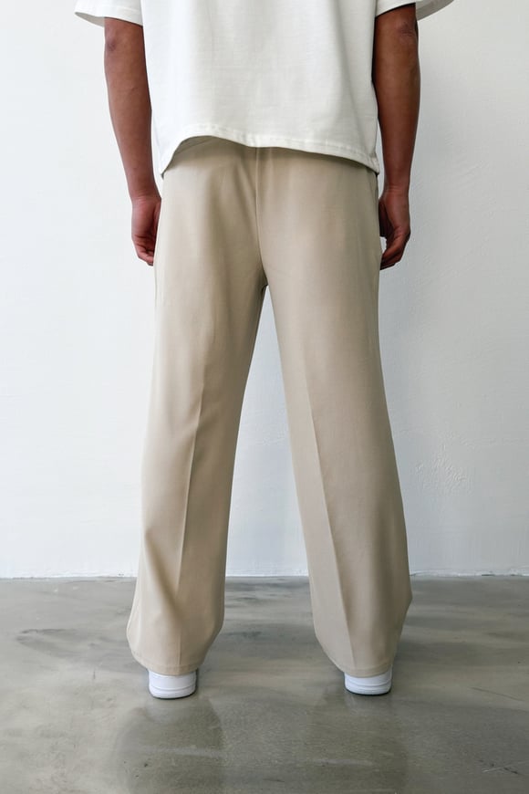 Pileli Baggy Fit Kumaş Bej Pantolon
