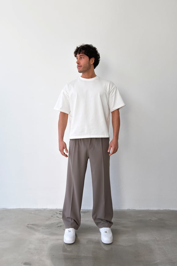 Pileli Baggy Fit Kumaş Füme Pantolon