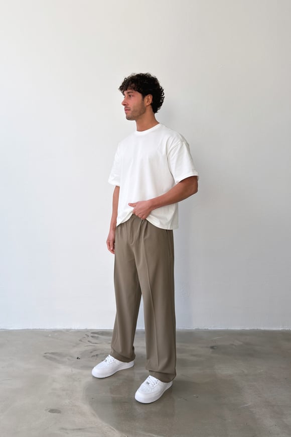 Pileli Baggy Fit Kumaş Haki Pantolon
