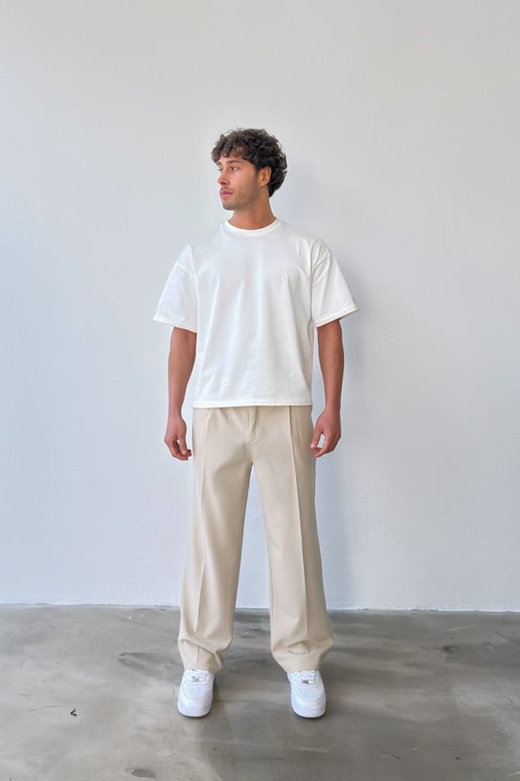 Pileli Baggy Fit Kumaş Bej Pantolon