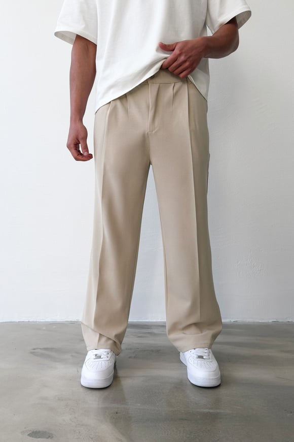 Pileli Baggy Fit Kumaş Bej Pantolon
