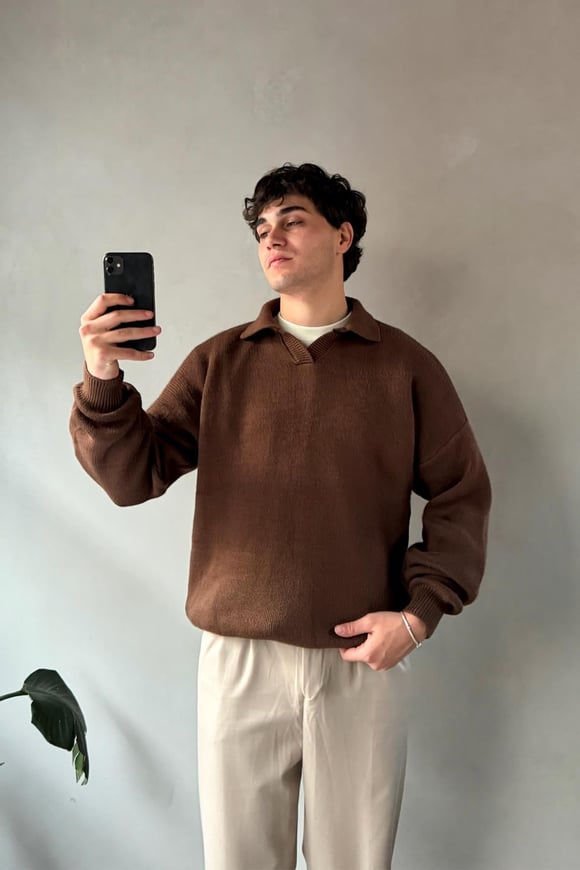 Polo Yaka Basic Kahverengi Triko Kazak