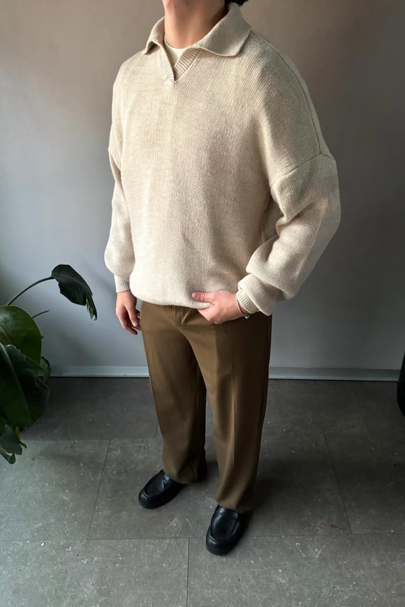 Polo Yaka Basic Taş Rengi Triko Kazak